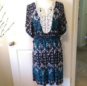CATO boho crochet detail dress. Size Medium. teal and purple